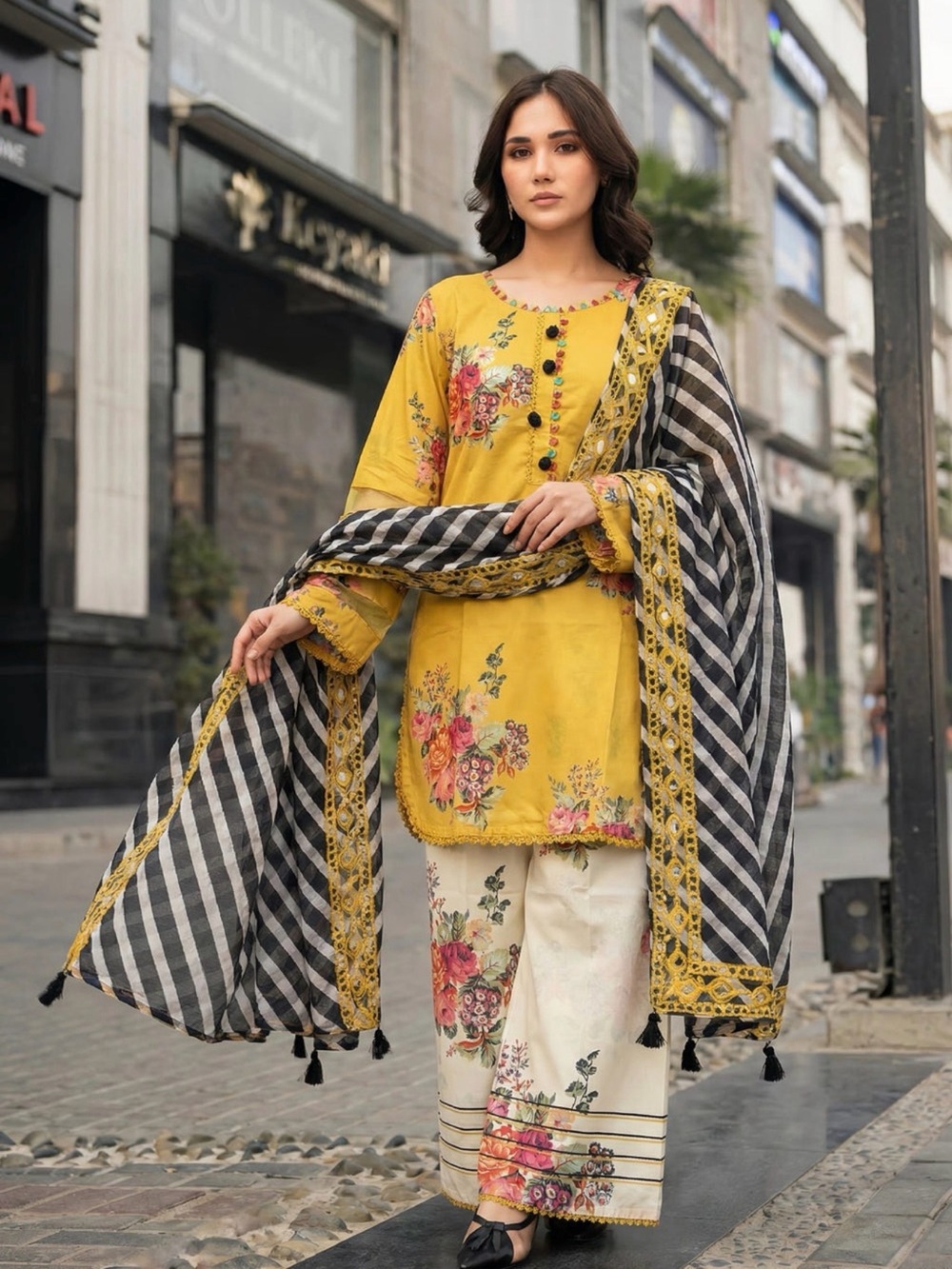 Yellow Floral Kurta Set with Striped Dupatta